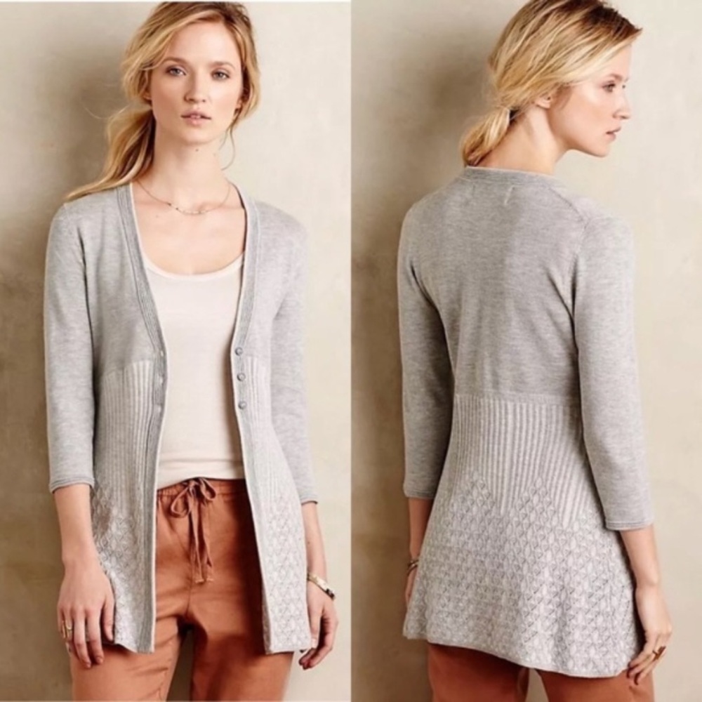 Anthro Rosie Neira Gray Wool Blend Crochet Knit Ribbed Cardi Cardigan Sweater